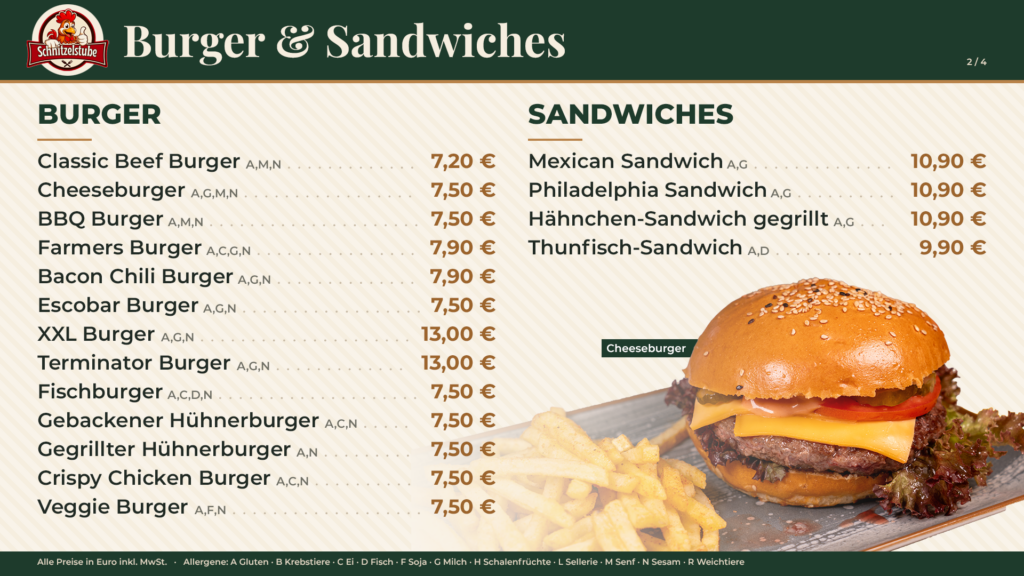 Schnitzelstube Speisekarte: Burger und Sandwiches mit Preisen