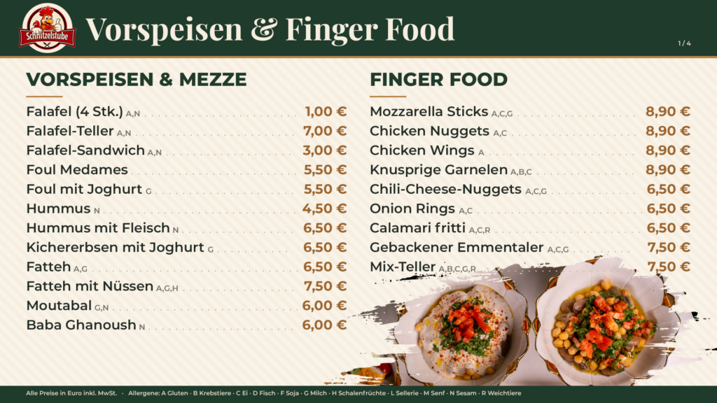 Schnitzelstube Speisekarte: Vorspeisen, Mezze und Finger Food mit Preisen