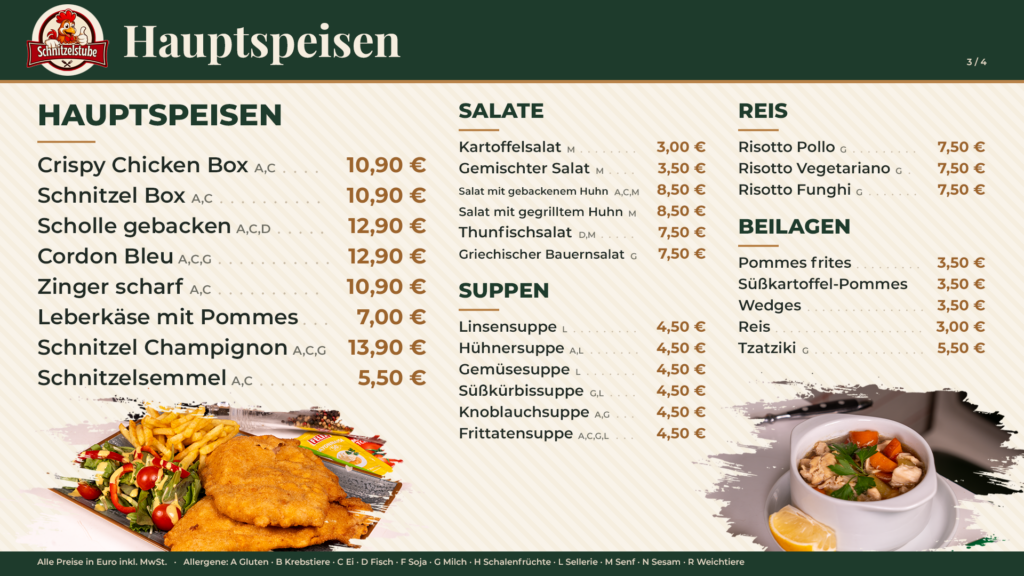 Schnitzelstube Speisekarte: Hauptspeisen, Salate, Suppen, Reis und Beilagen mit Preisen