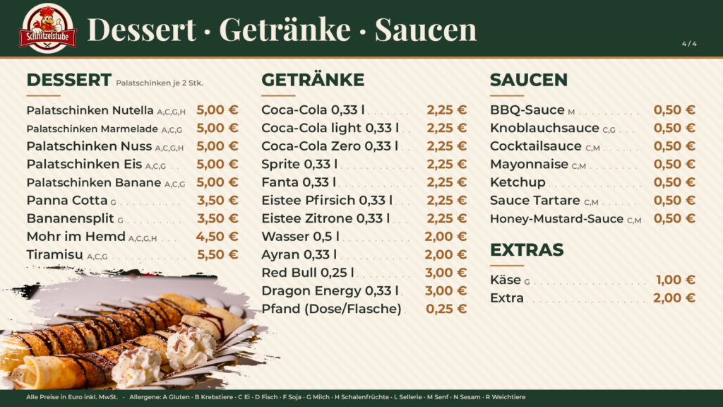 Schnitzelstube Speisekarte: Dessert, Getränke, Saucen und Extras mit Preisen
